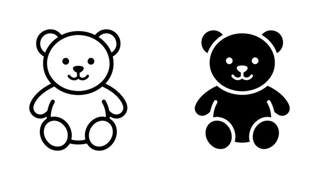 Cute Teddy Bear Icons, Vector Graphics, Black and White, Simple, Childhood Toy Illustrations