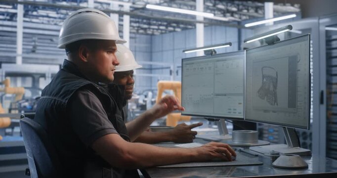 Industrial Specialists Examine 3D CAD Vehicle Frame Software, Telemetry Data on Dual Monitors. Digital Twin Modeling and Computer Aided Design Drive Modern Car Manufacturing. Industrial Inspection.