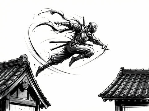 Dynamic illustration of a stealthy ninja leaping through the air between rooftops.