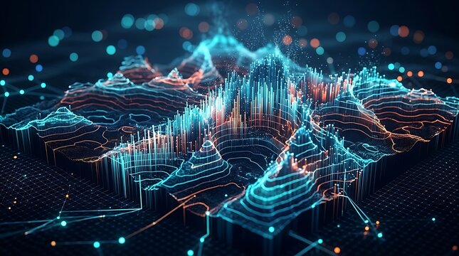 Abstract digital terrain visualization with glowing data points and mountain peaks