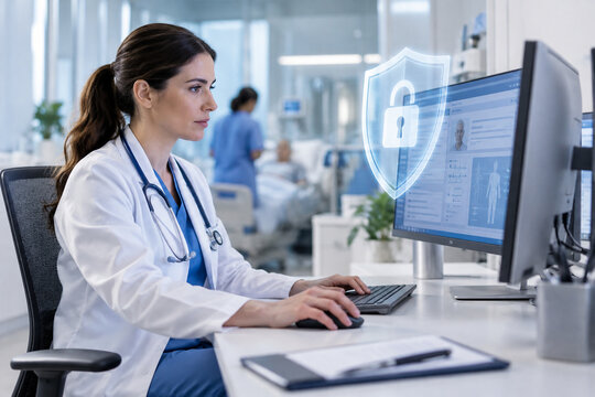 Female Doctor Using Computer with Cyber Security Shield Icon for Medical Data Protection and Patient Privacy in Modern Hospital Ward