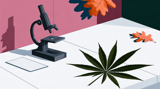 Microscope and Cannabis Leaf with Autumn Oak Leaves
