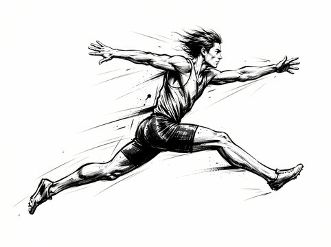 Dynamic sketch of an athlete in mid-air during a long jump.