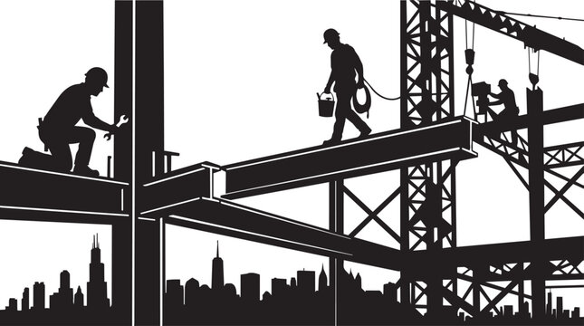 Industrial construction site silhouette with workers on steel beams, builders developing city skyscraper, black and white vector illustration