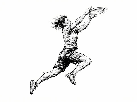 A dynamic black and white sketch of an athlete jumping to catch a flying disc.