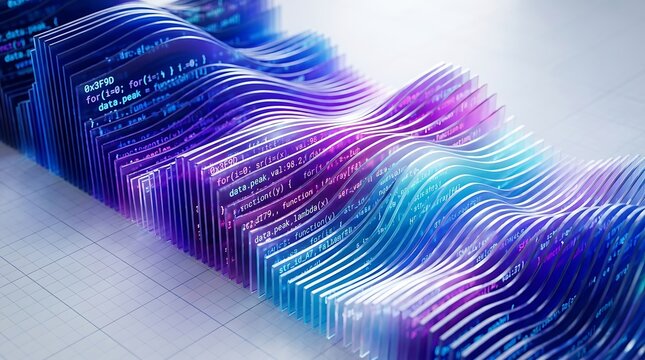 Digital data wave graph visualization with glowing code text on curved glass layers