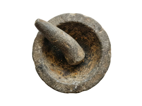 Traditional stone mortar and pestle for grinding spices and herbs, isolated on transparent background