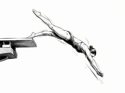 A black and white sketch of a female diver leaping from a diving board.