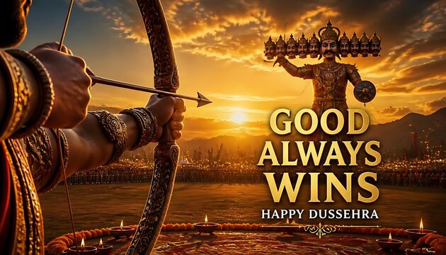 Lord rama aiming an arrow at the giant effigy of ravana during a sunset dussehra event