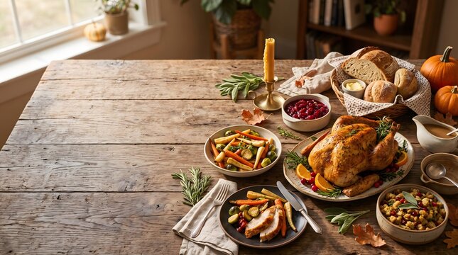 Thanksgiving feast with roasted turkey side dishes and autumn decor on a wooden table