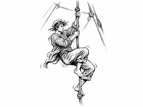 A detailed black and white illustration of a sailor climbing a ship rope.