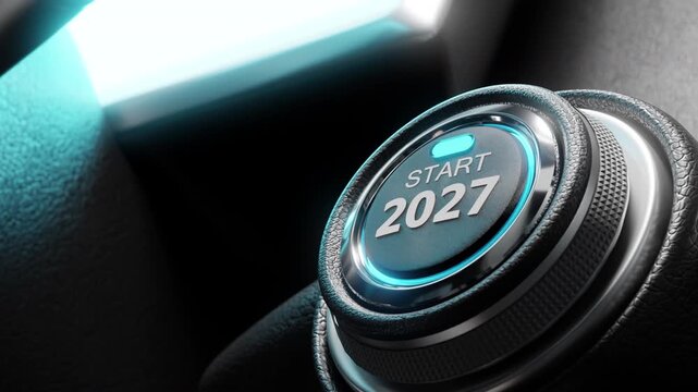 Finger about to press a car ignition button with the text 2027 start.happy new year 2027 start car,new project.concept of start with strategy,win,plan,goal and objective target
