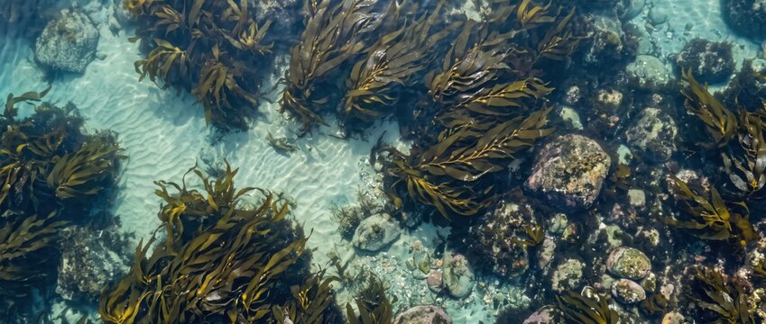 Underwater view of dark brown kelp seaweed swaying in clear shallow ocean water over a sandy seabed with scattered grey rocks and pebbles, top-down perspective