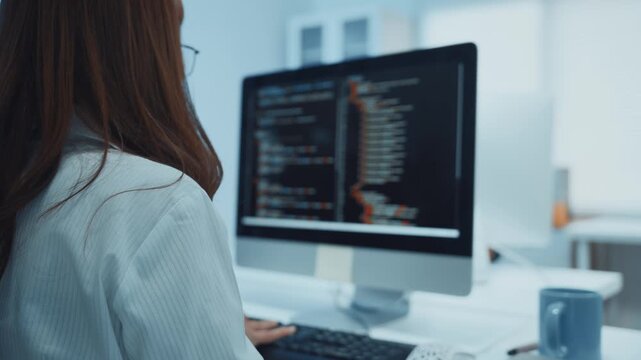 Professional female developer writing programming code on a computer screen. She is working on a new software development project in an office