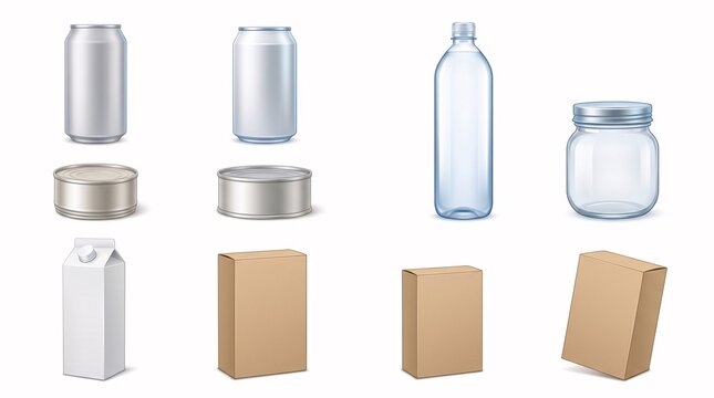 Blank packaging containers including metal beverage cans plastic water bottles glass jars and cardboard boxes isolated on white background surface