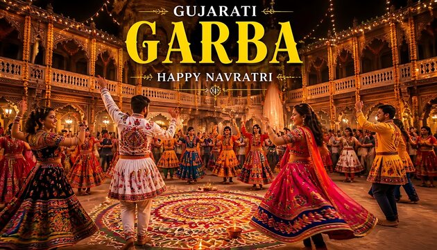 People in colorful traditional attire performing the folk dance garba during navratri