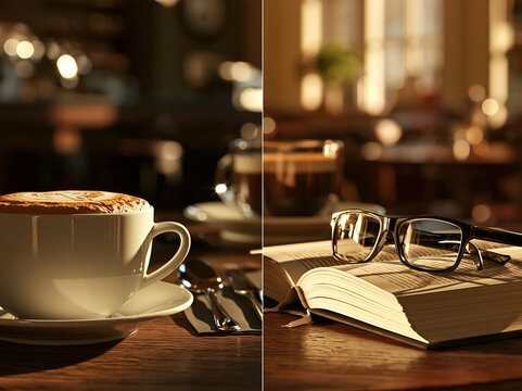 A delightful scene of a cappuccino and an open book with spectacles placed on top, bathed in warm sunlight. The setting suggests a cozy cafe or study