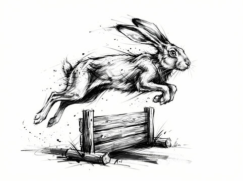 A dynamic ink sketch of a hare leaping over a wooden hurdle.