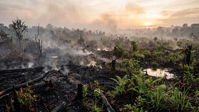 Morning sunlight over burnt smoldering forest land after wildfire disaster