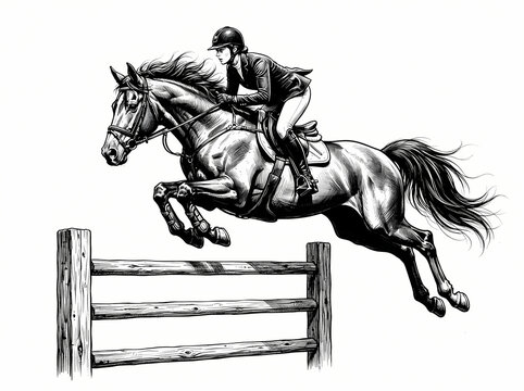 A detailed black and white illustration of a horse and rider jumping over a wooden fence.