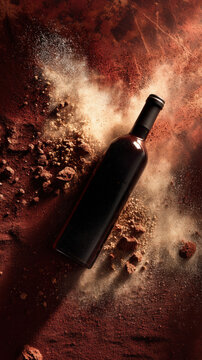 A close up of a premium red wine bottle lying on a rough textured surface where warm directional light traces the dark glass and highlights the fine grain around it