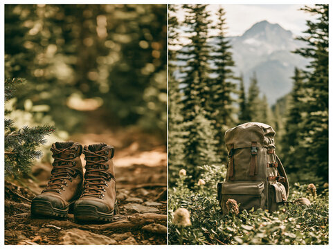 Hiking boots and a backpack in a forest setting, ready for an outdoor adventure. The image is a diptych, with one side showing a close-up of the boots on the ground.