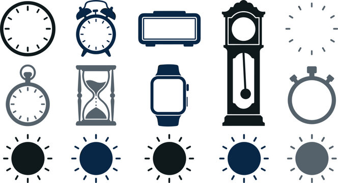 Classic and Modern Timepiece Vector Silhouette Icon Set Featuring Alarm Clock, Hourglass, Grandfather Clock, Stopwatch, Smartwatch, and Dial Outlines for Schedule Graphic Designs