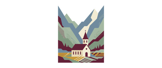 Fototapeta premium Minimalist Mountain Landscape Illustration with a Small Chapel