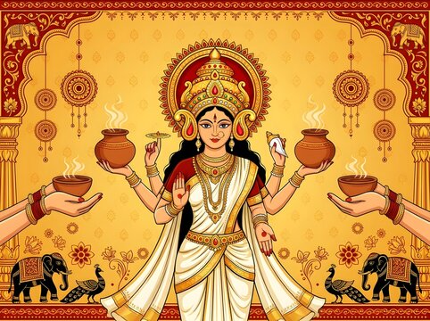 Elegant Four-Armed Goddess in Traditional Attire Holding Sacred Clay Pots Amidst Ornate Golden Background with Divine Symbols