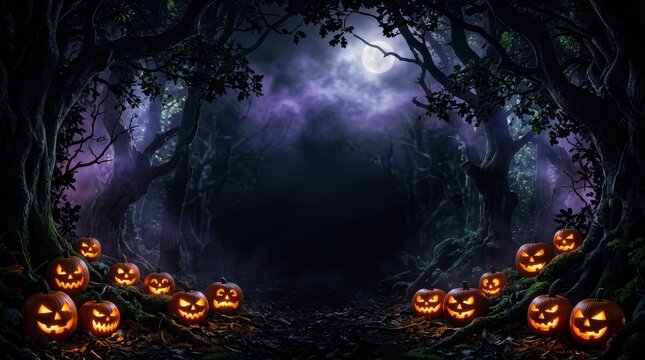 Glowing jack o lanterns in a dark scary forest under a full moon