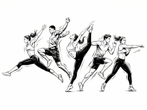 A dynamic collection of hand drawn sketches featuring active people exercising and training.