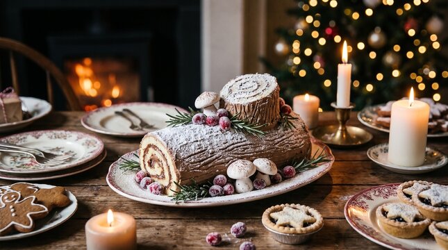 Yule log cake dusted with powdered sugar and cranberries on holiday table  
