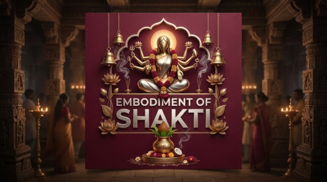 Embodiment of shakti poster featuring golden multi armed goddess durga statue inside a dark temple with hanging bells.
