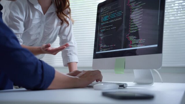 Two programmers debugging code on a computer monitor and collaborating on a software development project in an office setting