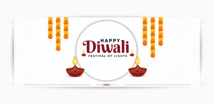 Diwali festival greeting cover. Hindu traditional dipavali oil lamps and mandala pattern minimalist decorative background celebration white banner