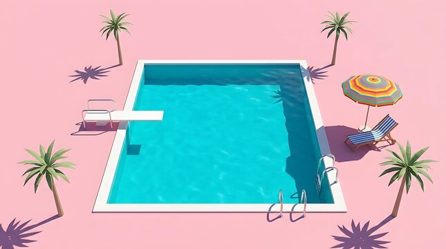 Swimming pool with diving board and beach umbrella on pink background