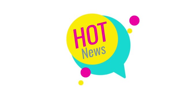 Animated flat vector "HOT News" badge inside a speech bubble shape with dots, isolated on a white background, ideal for trending topics, alerts, and social media content