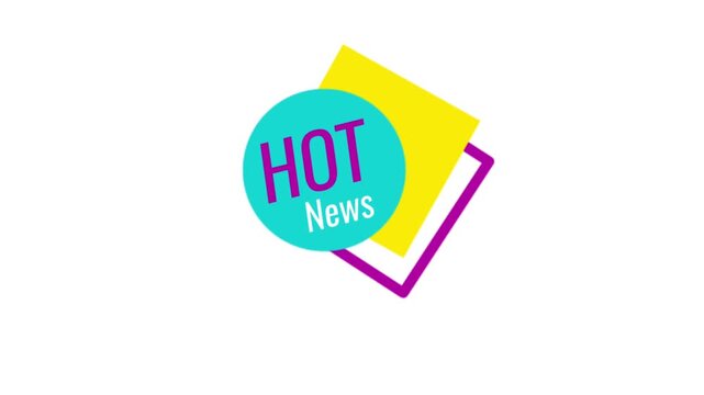 Animated flat vector "HOT News" badge featuring overlapping geometric circles and squares, isolated on a white background, suitable for modern broadcast graphics