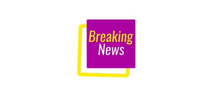 Animated flat vector "Breaking News" text badge featuring purple square and yellow border frame, isolated on a white background, suitable for news reporting and channel overlays