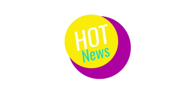 Animated flat vector "HOT News" badge styled with overlapping yellow and purple solid circles, isolated on a white background, great for breaking stories and trending tags