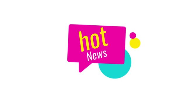 Animated flat vector "hot News" text reveal inside a pink chat box shape, isolated on a white background, perfect for pop-up notifications and trending news updates