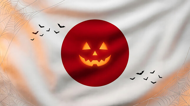 Spooky jack o lantern with flying birds on a wavy orange and white background