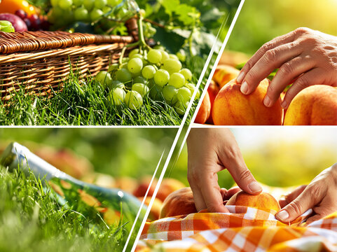 A collage of images depicting a delightful summer picnic. It features a wicker basket brimming with grapes, juicy peaches, and a chilled bottle of champagne.
