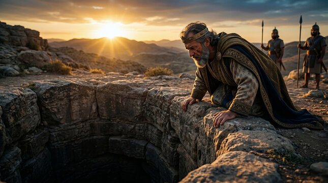 King Darius rushing to the Lions' Den at the break of dawn, looking down into the pit with agonizing hope to see if Daniel survived.