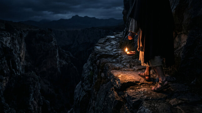 Psalm 119, Your word is a lamp to my feet. An ancient clay oil lamp illuminating a dark, treacherous rocky path at night.