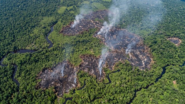 Aerial drone shot of forest fire patches and deforestation along winding river
