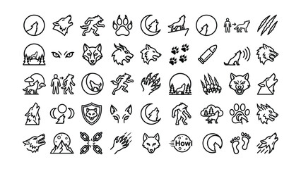 Fototapeta premium A comprehensive collection of black and white vector icons featuring various werewolf and wolf themed symbols and imagery
