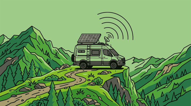 Modern Off-Grid Camper Van on Green Mountain Vector Illustration