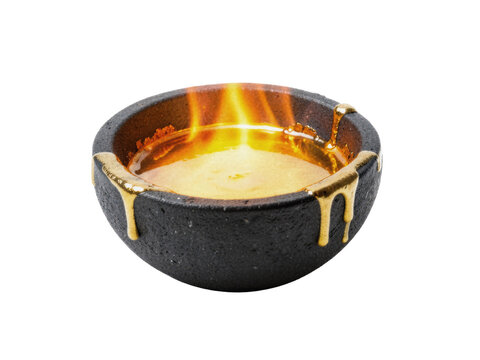 Ceramic Foundry Crucible with Glowing Molten 24K Gold Pool Isolated on White