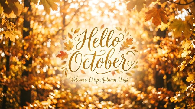 Hello october text with welcome crisp autumn days in a beautiful forest